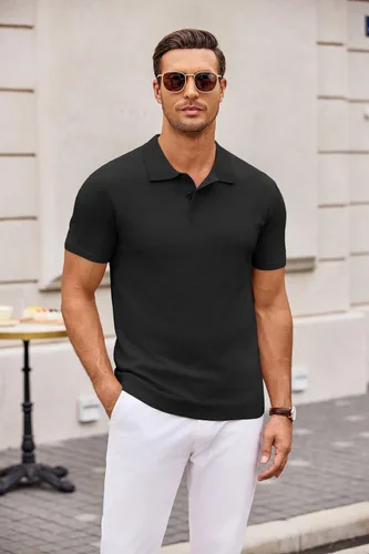 Vista 2 de COOFANDY Polo de punto para hombre, estilo casual, manga corta, con botones, camisa de golf clásica