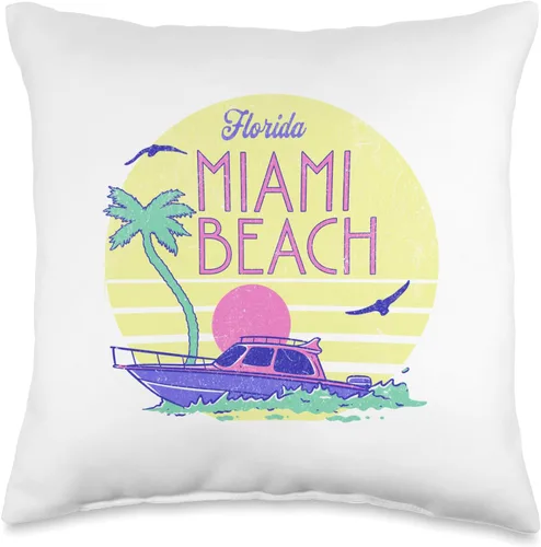 Miami Beach Florida Surfing Surf Ocean Vintage USA Miami Beach Throw Pillow, 16x16, Multicolor