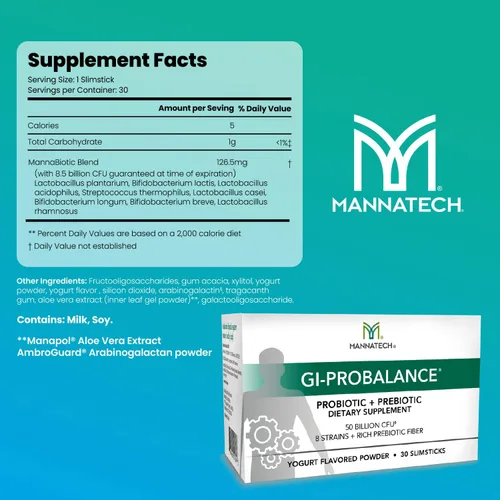 Vista 2 de Mannatech Prebióticos y probióticos, 30 slimsticks, sabor a yogur, GI-ProBalance con mezcla MannaBiótica, polvo pre y probióticos para la salud