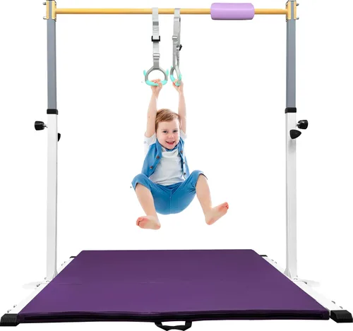Vista 8 de Adjustable Gymnastics Bar for Kids with Mat - Sturdy Kip Bar with Rings, Horizontal Bar for Home Training, 3'-5' Height, Ages 3-15, 250 LBS