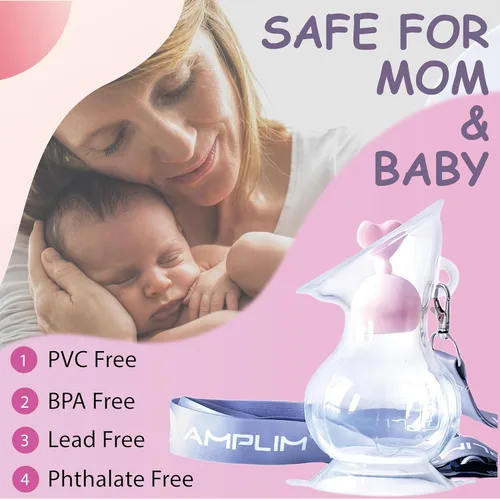 Vista 2 de Amplim Extractor de leche manual, recolector de leche de silicona de grado alimenticio Gen 3 para lactancia materna mamá con tapón y cordón