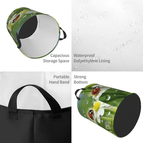 Vista 4 de Summer Ladybird Flowers print Circular Hamper Waterproof Storage Bin Organizer Basket Laundry Hamper With Handles For Clothes Toys Small