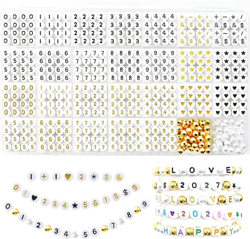 Vista 33 de 1400 cuentas redondas blancas para pulseras, cuentas de símbolos matemáticos digitales del 0-9, juego de cuentas acrílicas de número de teléfono