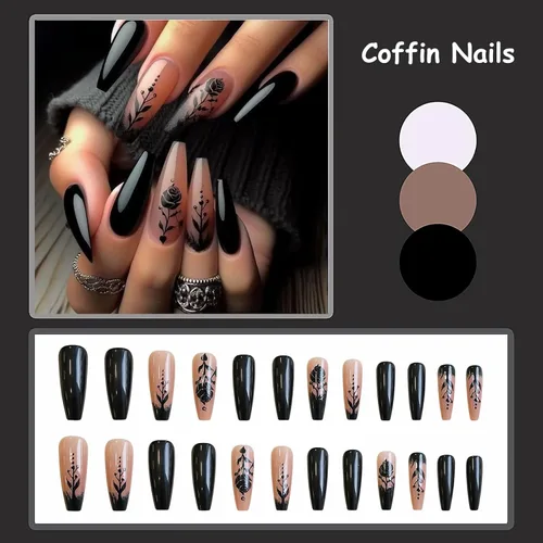 Vista 4 de MISUD Uñas Postizas - Uñas Largas Forma Ataúd con Pegamento en Negro Gótico, Diseño Acrílico Gótico de Rosa 24 piezas