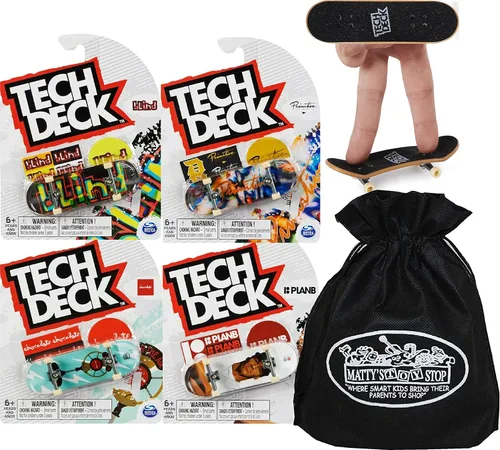 Tech Deck 3.7", Fingerboards individual Bundle con el juguete de Matty, protege en la bolsa de almacenamiento, Paquete de 4 (estilos surtidos)