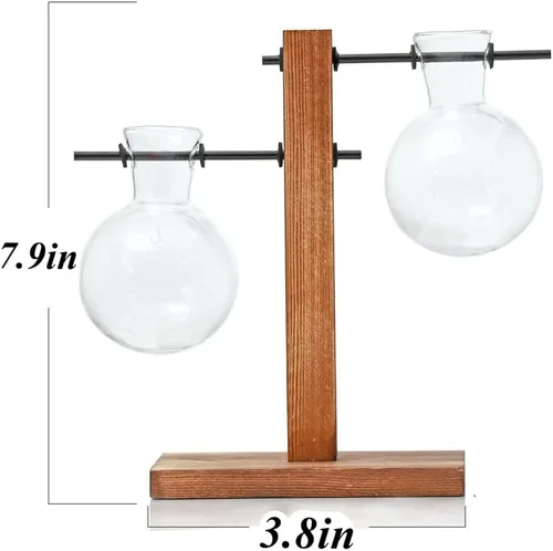 Vista 4 de Jarrón de cristal para plantas hidropónicas, kit de terrario de plantas de escritorio con soporte retro de madera maciza para plantas hidropónicas