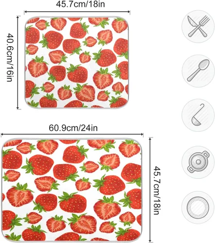 Vista 3 de Tapete de secado de platos para encimera de cocina, fresas de verano, ultra absorbente, reversible, de microfibra, resistente al calor, 18 x 24