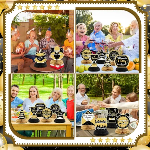 Vista 6 de Pickmesh 12 piezas de decoración de fiesta de jubilación, panal de abeja dorada con purpurina dorada, centros de mesa de jubilación, centros de mesa