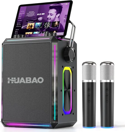 Altavoz portátil de karaoke Bluetooth con 2 micrófonos inalámbricos, luces RGB, ajuste de agudos y graves, efectos de voz, entrada