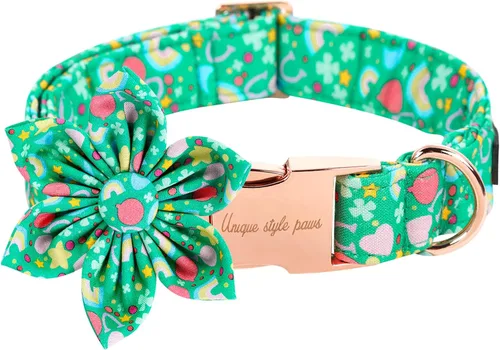 Vista 7 de Unique style paws Collar de perro del día de San Patricio con corbata, collar de cachorro de corazón de trébol de arco iris para niños pequeños