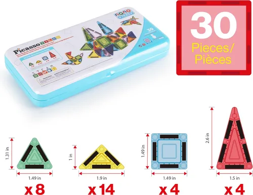 Vista 3 de PicassoTiles Juego de 30 piezas de azulejos magnéticos, juego compacto de construcción de mini imán de viaje con estuche de almacenamiento