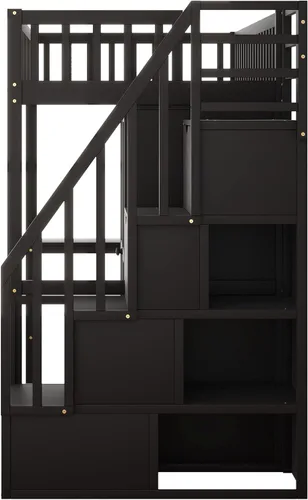 Vista 9 de VilroCaz Cama loft multifuncional de tamaño individual con armario y escritorio integrados, marco de cama loft de madera maciza con escalera