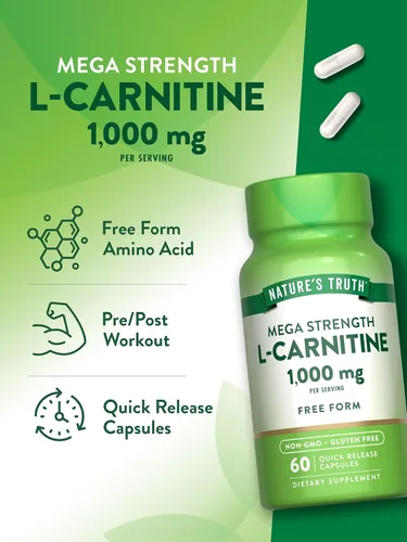 Vista 5 de Nature's Truth L-carnitina 1000mg 60 cápsulas Mega fuerza Forma libre Suplemento sin OMG y sin gluten