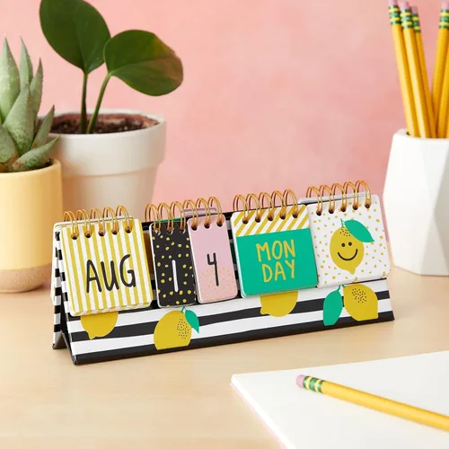 Vista 3 de Calendario perpetuo de papel para voltear de limón para escritorio de oficina, suministros de aula, calendario de escritorio con pantalla de día