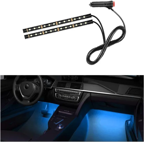 Vista 28 de Tira de luz LED para coche, 24 LEDs RGB neón para interior, luz ambiental nocturna de 12V debajo del salpicadero, lámpara decorativa