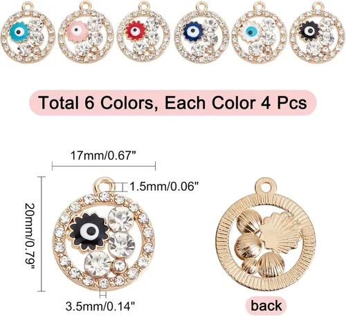 Vista 6 de NBEADS 24 dijes planos redondos con diamantes de imitación de cristal, 6 colores de aleación esmaltada contra el mal de ojo, abalorios planos