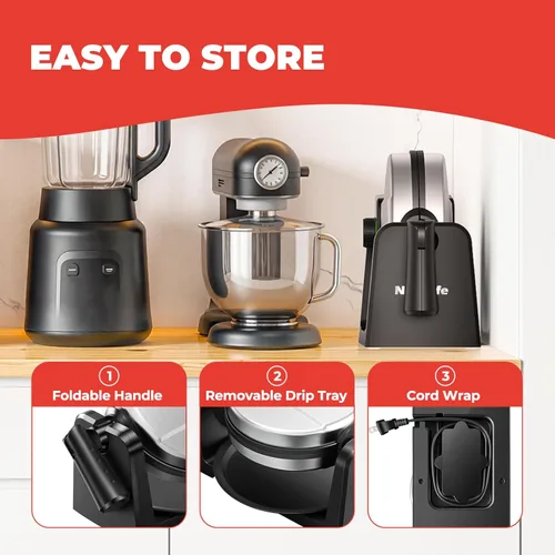 Vista 8 de Máquina de gofres belga giratoria, plancha para gofres abatible de 180°, placa antiadherente, control de tostado ajustable, mango plegable al tacto