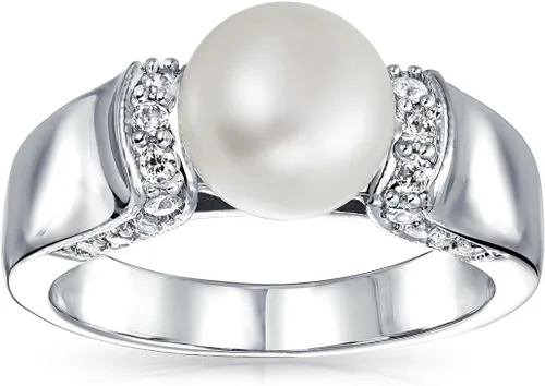 Vista 3 de Bling Jewelry Art Deco Style Pave CZ Solitaire White Freshwater Cultured Pearl Engagement Ring For Women Silver Plated Brass