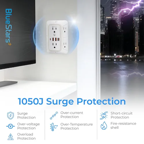 Vista 7 de Extensor de salida protector de sobretensiones, 6 salidas y 4 puertos USB con carga rápida tipo C PD 20W, luz nocturna, tira de alimentación de 3