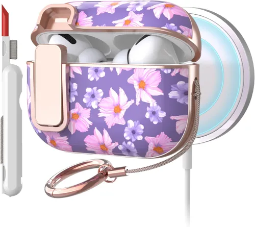 Vista 11 de TATOFY Funda rígida para AirPods 1 y 2, elegante y bonitos patrones de flores, funda protectora rígida con llavero de clip