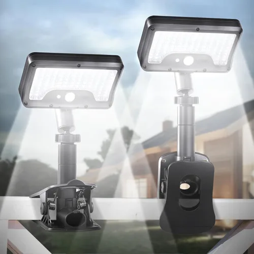 Vista 11 de Luces solares con clip para exteriores con sensor de movimiento, luces de valla solares ajustables verticalmente y giratorias en 360° con 92 LEDs