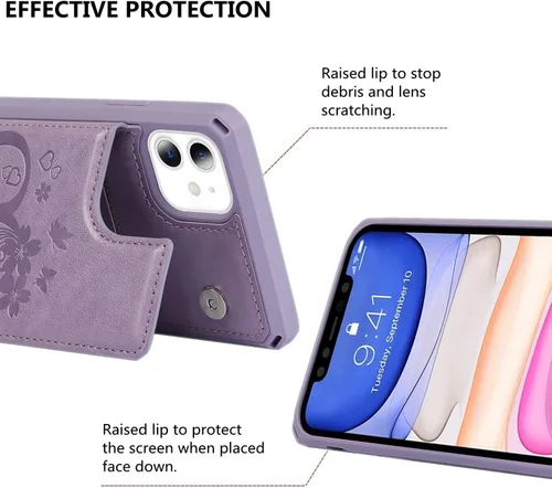 Vista 4 de iCoverCase Funda compatible con iPhone 11 con tarjetero para mujer, bloqueo RFID en relieve, piel sintética con correa de muñeca de 6.1 pulgadas