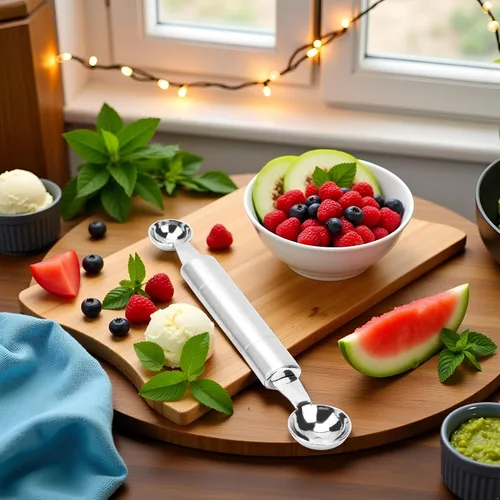 Vista 2 de Cuchara de bola de helado de doble punta plateada para frutas y verduras, cuchara de melón Baller, herramientas de frutas y verduras, cuchara