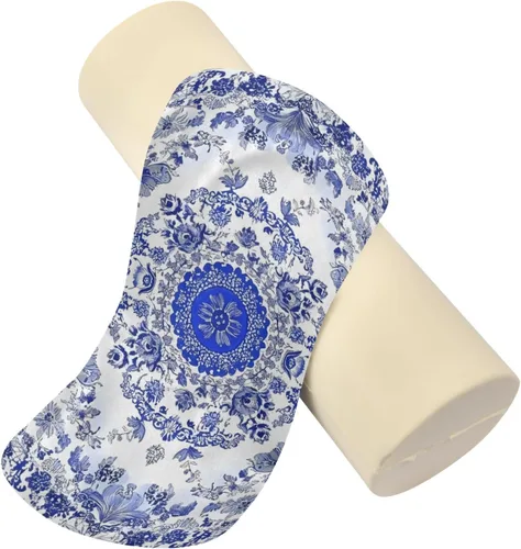 Vista 2 de Almohada redonda con funda de porcelana azul y blanca para el cuello, almohada cervical, soporte de cuello de espuma viscoelástica para dormir