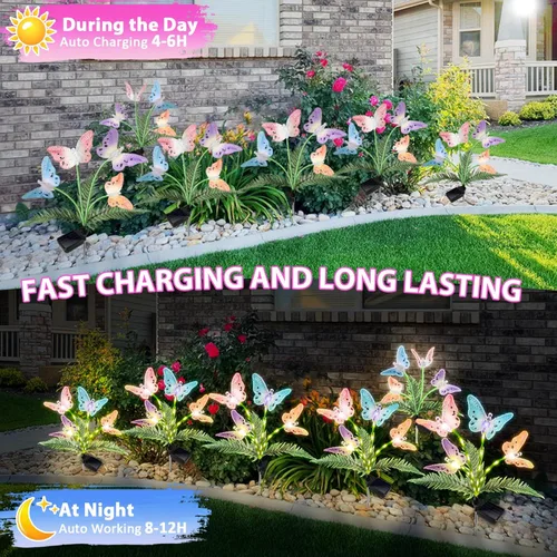 Vista 5 de Weepong Luces solares para decoración al aire libre, impermeables, luces solares de jardín con tallos brillantes, luz de flor de mariposa que cambia