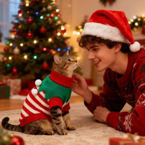 Vista 6 de BWOGUE 2 Packs de suéteres navideños para gatos, suéteres para perros, ropa tejida cálida de invierno para mascotas, suéteres con árbol de Navidad