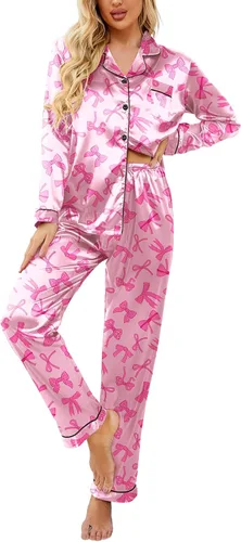 Vista 35 de Ekouaer - Conjunto de pijama de satén de seda clásico con botones para mujer, de manga larga Soft Satin Pajamas, Mix-Match Daily Look, Chest