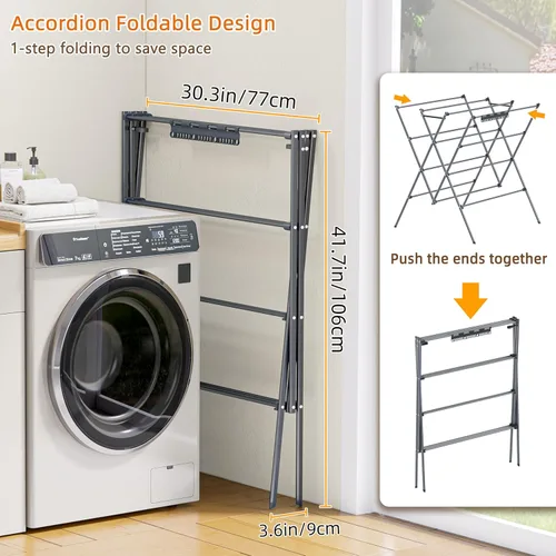 Vista 5 de HOMIDEC Tendedero de secado de ropa, 12 postes de secado grandes con clips para calcetines, estante de secado de ropa, plegable, portátil