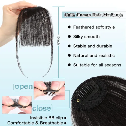 Vista 2 de NAYOO Flequillo con clip, extensiones de cabello 100% humano, flequillo de aire marrón y negro, flequillo con sienes para mujer, flequillo curvado