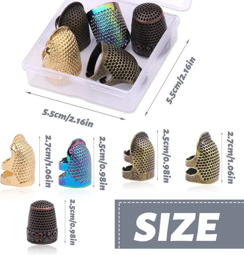 Vista 2 de 5 piezas de dedales de costura, anillos de dedal de metal ajustables, protector de dedos para manualidades a mano DIY, escudo de metal rojo