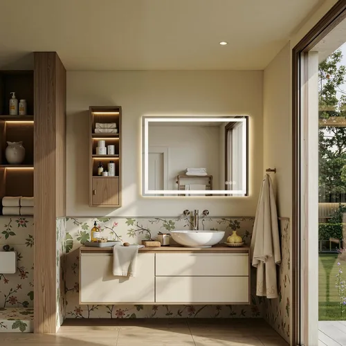 Vista 2 de Espejo de baño LED de 16 x 24 pulgadas con luces, antiniebla, retroiluminado + luz frontal, espejo de tocador de baño iluminado para pared, función