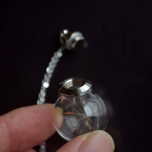 Vista 3 de Diente de león Make a Wish - Colgante de bola cilíndrica de cristal abierto con flor real 925, collar para mujer, hecho a mano