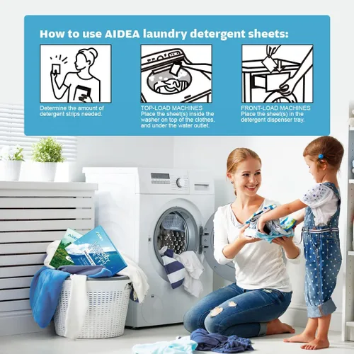 Vista 2 de AIDEA Hojas de detergente para ropa, sin perfume (120 cargas), 60 hojas, detergente ecológico e ingredientes naturales, sin jarra de plástico