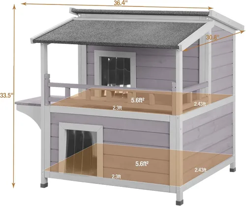 Vista 6 de Casa para gatos ferales al aire libre, refugio de madera para gatos con puerta de escape, casa de gatito exterior a prueba de lluvia con balcón