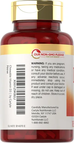 Vista 3 de Carlyle Tabletas masticables de vitamina D3 de 2000 UI (50 mcg) 180 unidades Sabor a bayas Vegetariano, sin OMG y sin gluten
