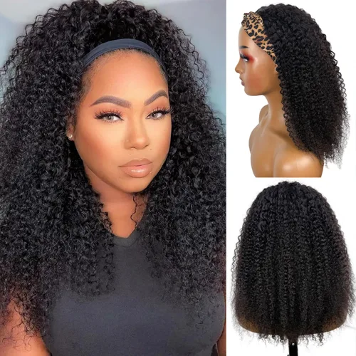 Vista 31 de Peluca de cabello humano rizado tipo afro con diadema de 12 pulgadas para mujer, sin pegamento, sin encaje frontal, pelucas de cabello virgen Peluca