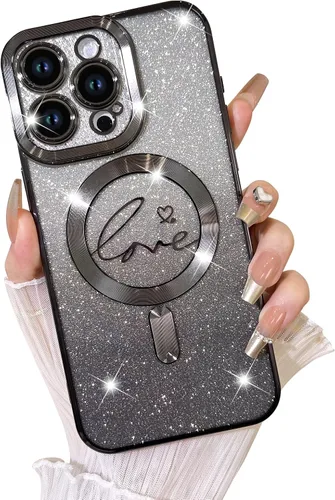 Vista 88 de Fiyart Funda Compatible con iPhone 12 Pro, Compatible con MagSafe Chapado Corazón de Amor Protección de Cámara TPU Magnético con Purpurina