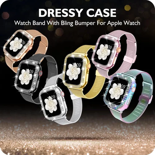 Vista 6 de DABAOZA Correa compatible con Apple Watch para mujer con parachoques, carcasa con purpurina para niñas, correa de malla de acero inoxidable