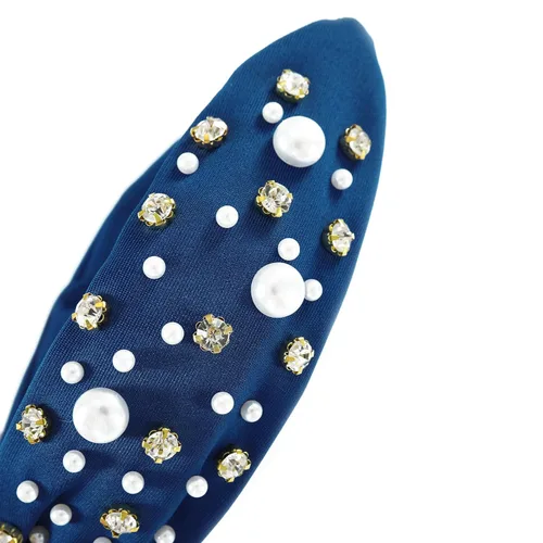 Vista 5 de Diadema anudada de perlas para mujer, diadema con brillantes diamantes de imitación, adornada con cristales, diadema ancha con nudo, accesorio