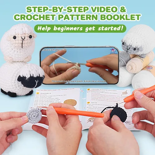 Vista 3 de Kit de ganchillo para principiantes, kit de inicio de ganchillo con tutoriales en video paso a paso, suministros de tejido de ganchillo Amigurumi