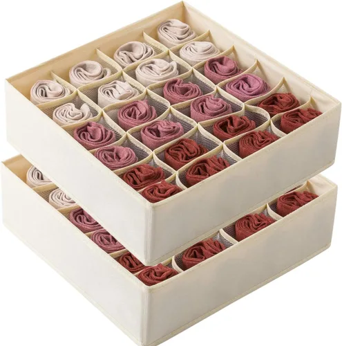 Qozary - Paquete de 2 cajas organizadoras de cajones para ropa interior y calcetines, 24 o 16 compartimientos plegables, organizador de armario para