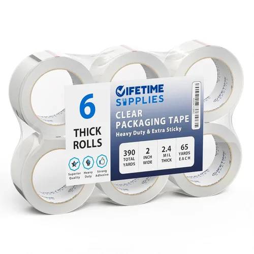 Lifetime Supplies 6 Rollos | 2.4 mil Transparente | 65 Yardas Cada (390 Yardas Total) | 2" Cinta de Embalaje Premium Cinta de Embalaje Resistente