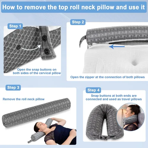 Vista 4 de Elviros Almohada cervical de espuma viscoelástica para aliviar el dolor de cuello, almohadas ortopédicas de tracción de contorno para dormir