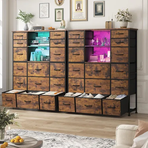 Vista 8 de EnHomee Cómoda de 51" de altura con 15 cajones, cómoda para dormitorio con estación de carga y luces LED y estante superior, cómodas de dormitorio