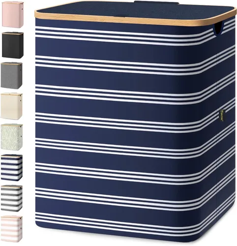 Vista 22 de BALEINE Cesta de lavandería con tapa, cestas altas para la ropa sucia con asas de bambú, contenedor grande para la ropa sucia con soporte interno