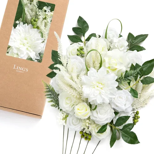 Vista 26 de Ling's moment Caja de flores artificiales, tallos de follaje artificial falso, rosas de espuma, dalia de seda, hierba de pampas, flor de tela
